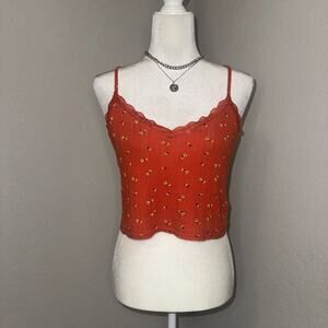 Urban Outfitters Camisole Top Women's Large Red Floral Crop Lace Trim Sleeveless